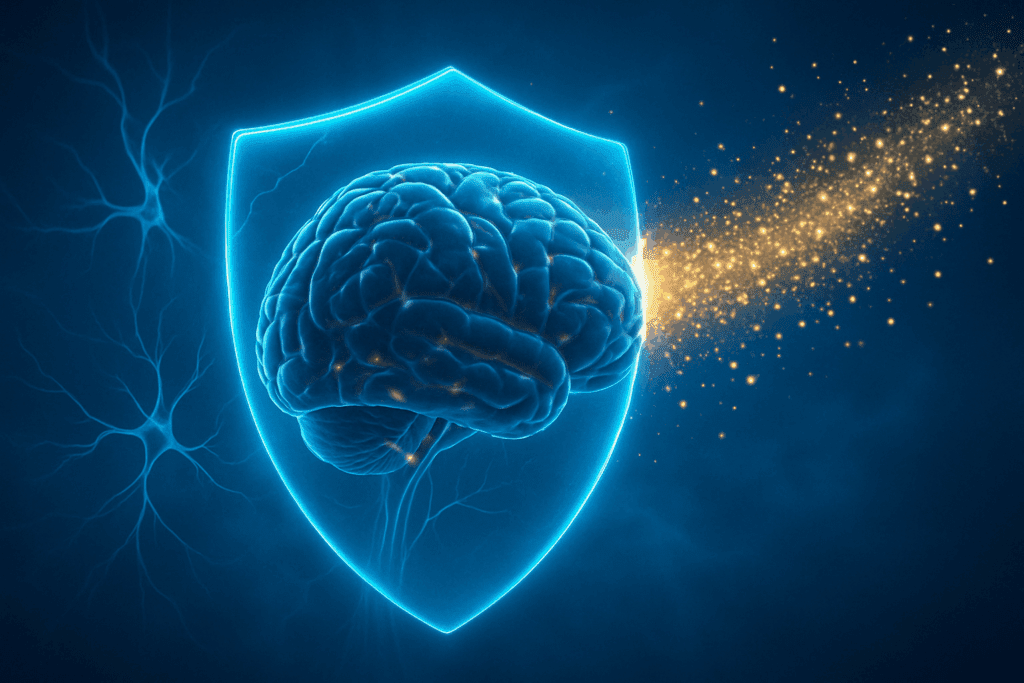 Aging brain protected by nutrient energy shield, representing long-term resilience supported by vitamin B for brain function