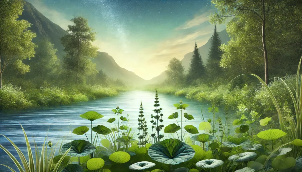 "Ashwagandha, Rhodiola, and Schisandra chinensis plants growing in a balanced natural environment, symbolizing stress reduction and resilience through adaptogenic herbs for energy."