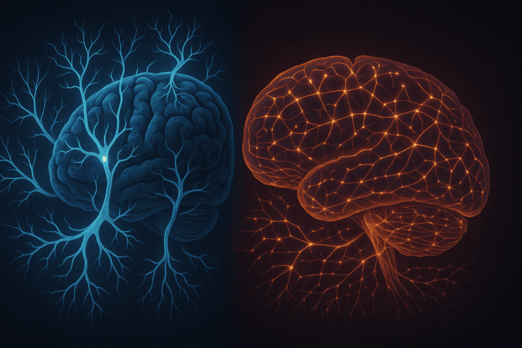 Diagram showing how psilocybin and dementia therapies may enhance brain connectivity and neuroplasticity through serotonin receptor activation.
