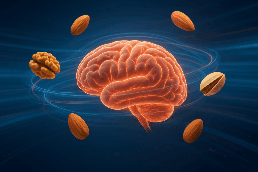 Floating nuts around a glowing brain concept highlight scientific reasons behind are nuts good for brain health