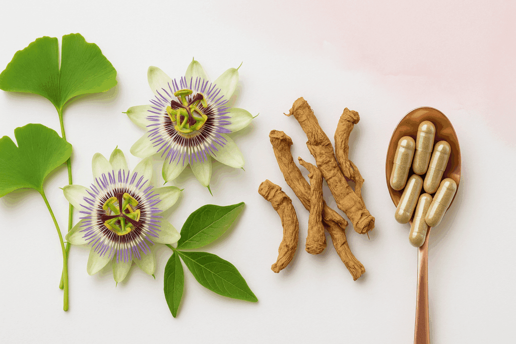 Assorted herbs for women’s brain health including the best herb for ADHD, shown as capsules, roots, and blossoms