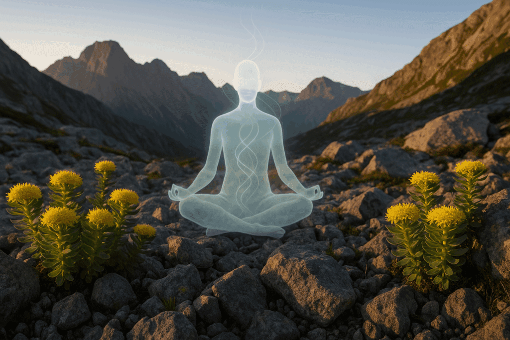 "Rhodiola rosea in a mountain landscape, symbolizing adaptogenic support as one of the best herbs for ADHD symptoms"