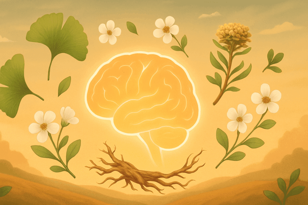 Natural herbs surrounding a glowing brain to visually represent the best herb for ADHD and holistic brain support