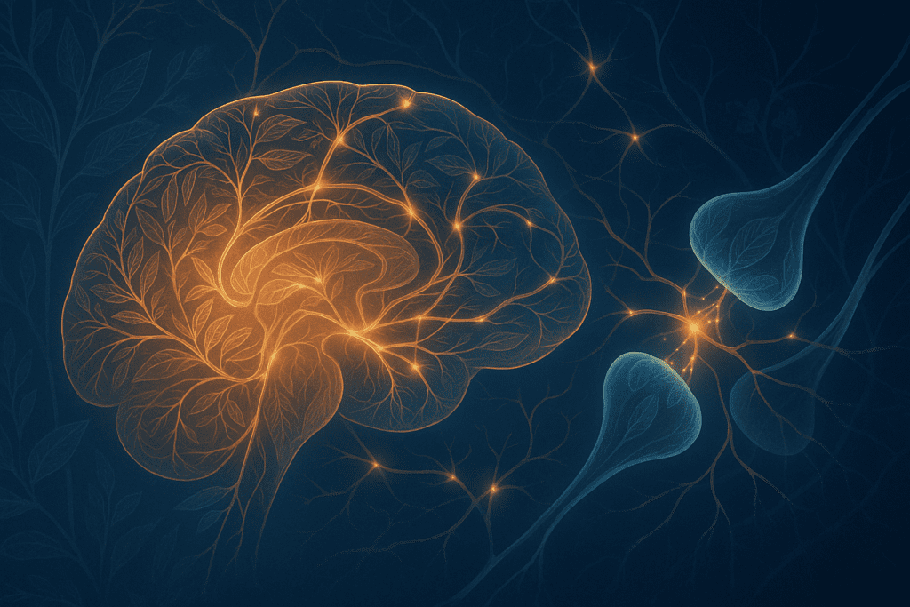Conceptual brain illustration showing how Ashwagandha and Bacopa together support stress relief and neural pathways