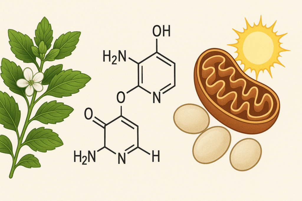 "Scientific-style diagram showing herbal nootropics, lab molecules, and energy elements illustrating how Alpha Brain may support better decision-making"