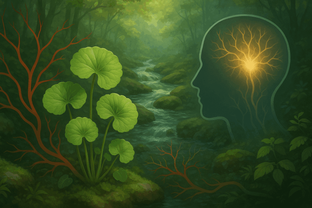 "Gotu Kola plant beside flowing water symbolizing improved brain circulation as part of the best herb for ADHD strategy"