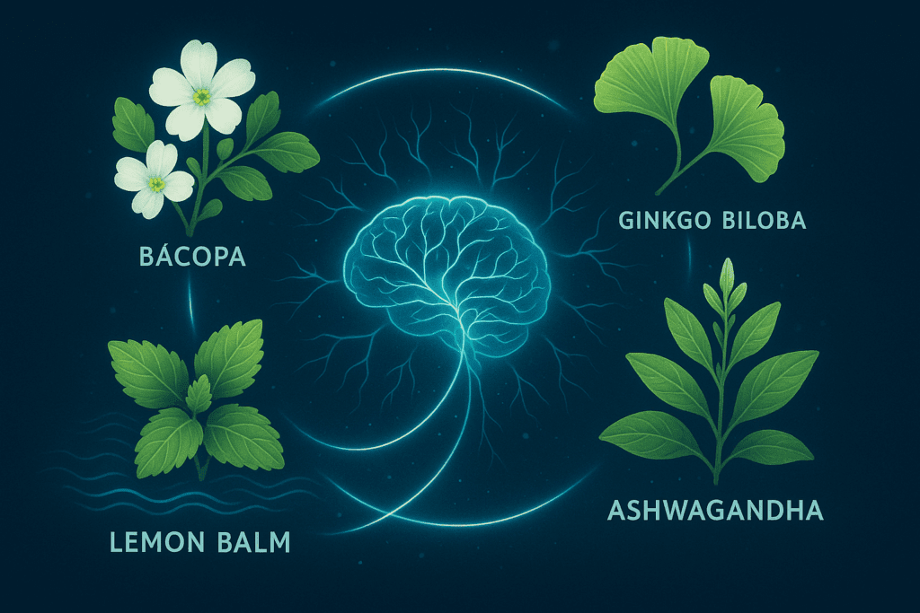 Lion’s Mane, Reishi, and Cordyceps mushrooms combined with adaptogenic herbs in a natural setting highlighting the Best Herbs for Brain and Nervous System Health