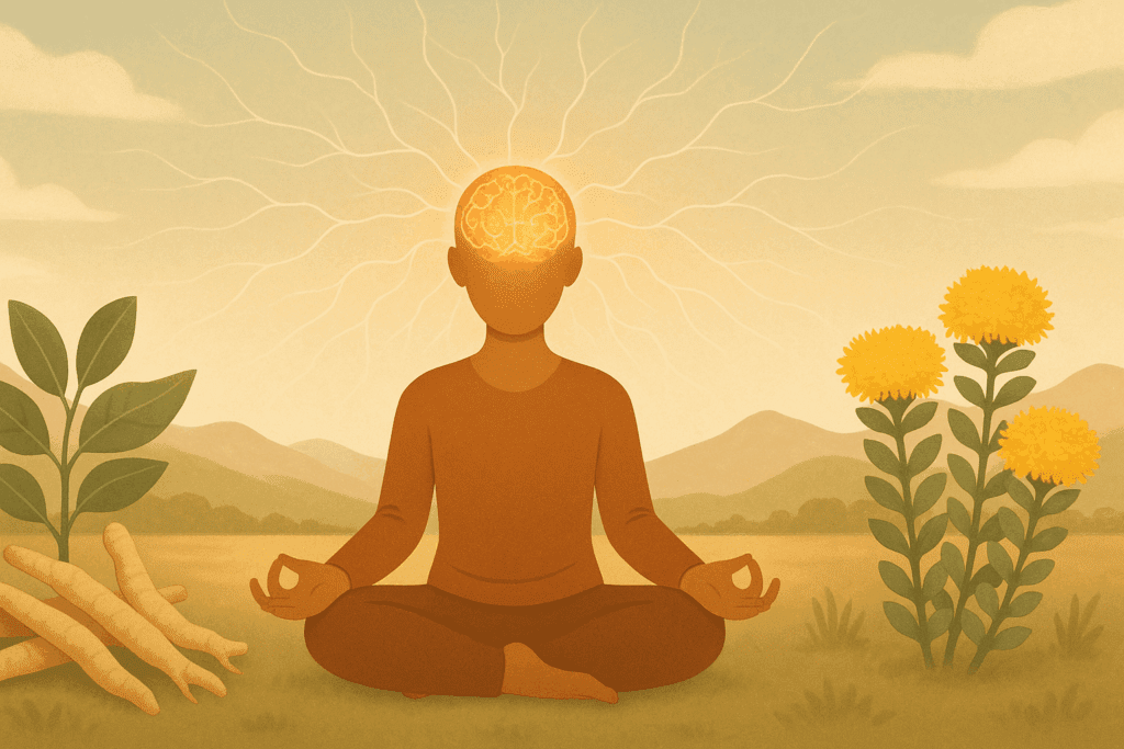 Meditating figure surrounded by ashwagandha and Rhodiola, showing adaptogens as the best herbs for brain and nervous system health