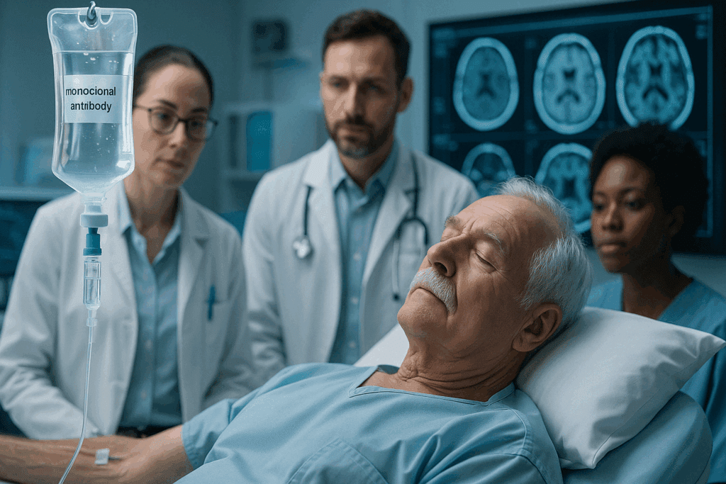 Elderly patient receiving an IV infusion of a new Alzheimer medication in a clinical trial setting with doctors and brain scan monitors nearby