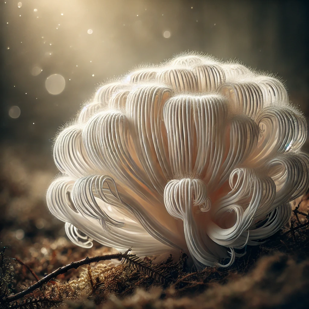 "Close-up of Lion's Mane mushroom with cascading white tendrils, known for promoting brain health and neurogenesis."