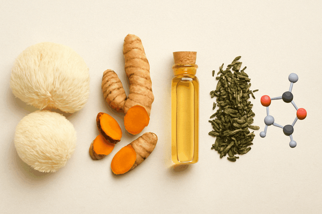 "Flat lay of lion’s mane mushrooms, turmeric root, MCT oil, green tea leaves, and Alpha GPC molecule for article on Do Apetropics Smart Drops Really Work"