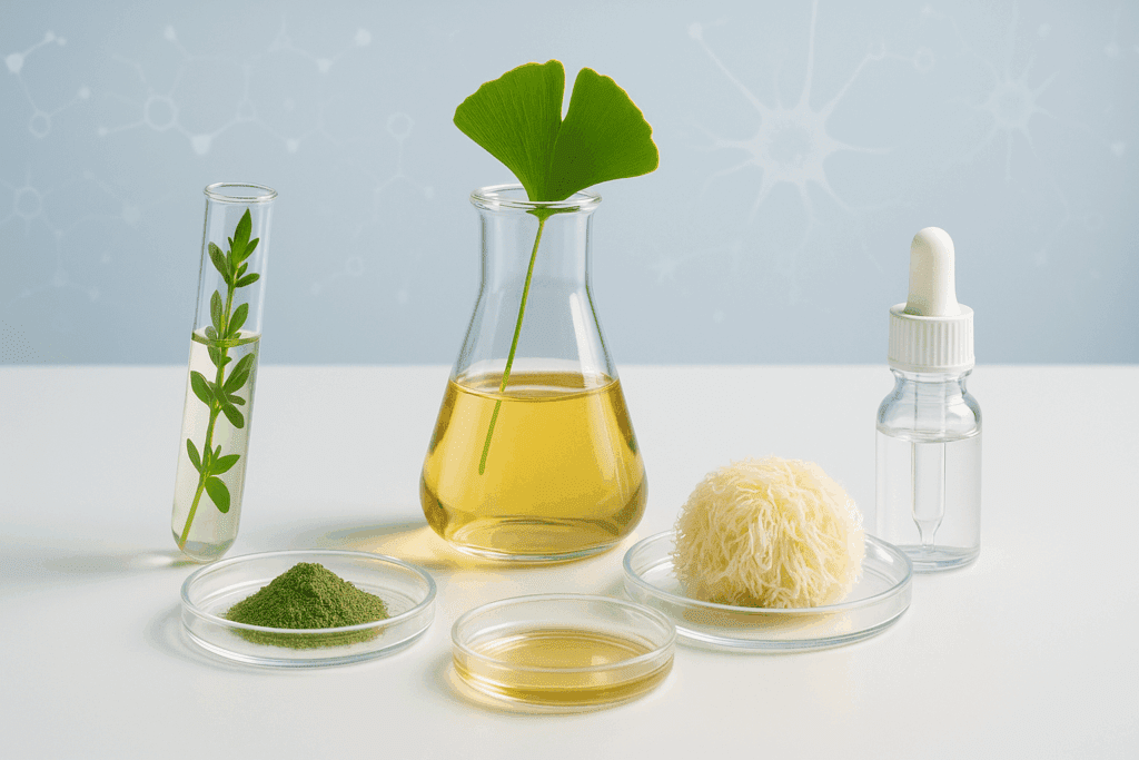 Laboratory setting with natural extracts like Bacopa and ginkgo used in formulating the best gummies for brain health.