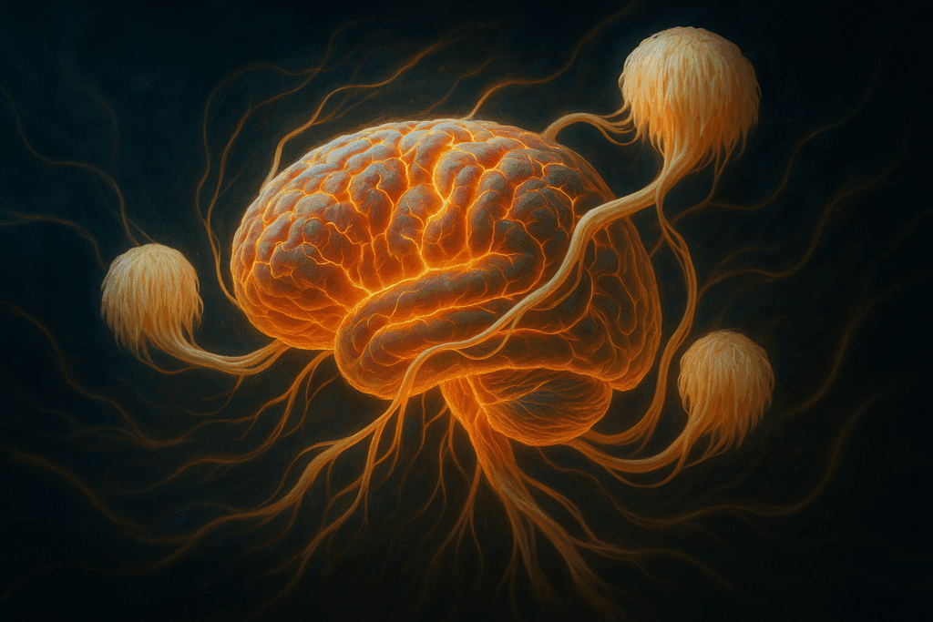 "Conceptual brain connected to young Lion’s Mane mushroom symbolizing cognitive enhancement and NGF stimulation"