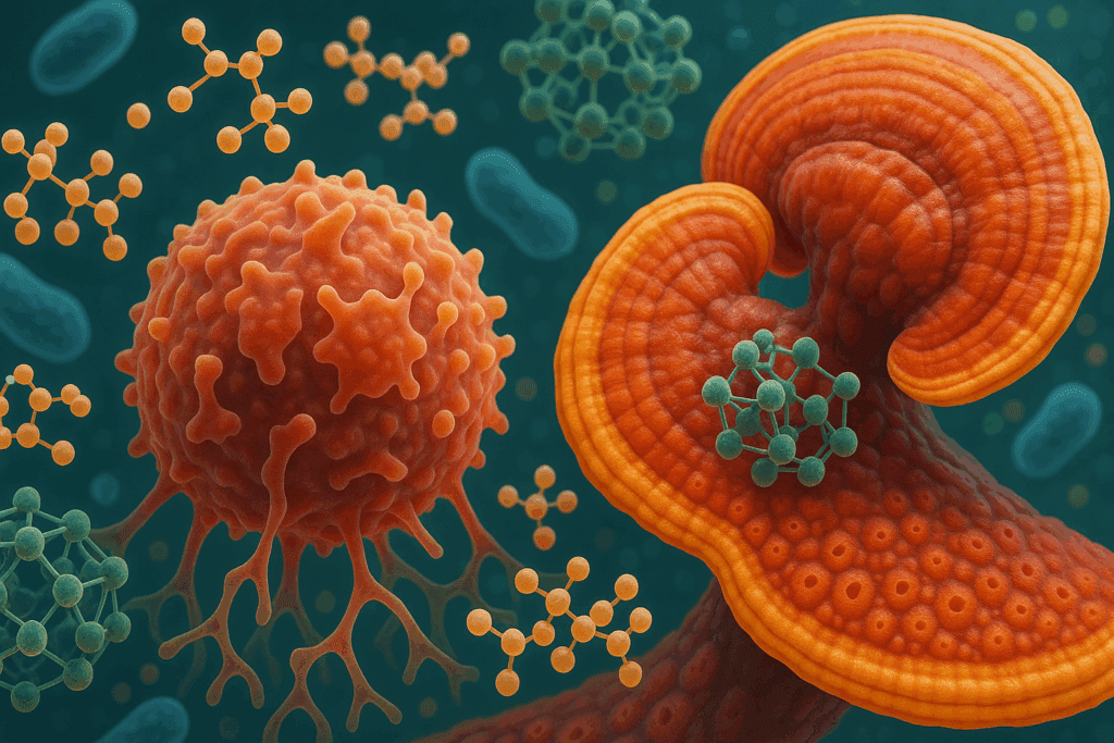 Microscopic view of reishi mushroom compounds like beta-glucans used in modern reishi mushroom cancer study research