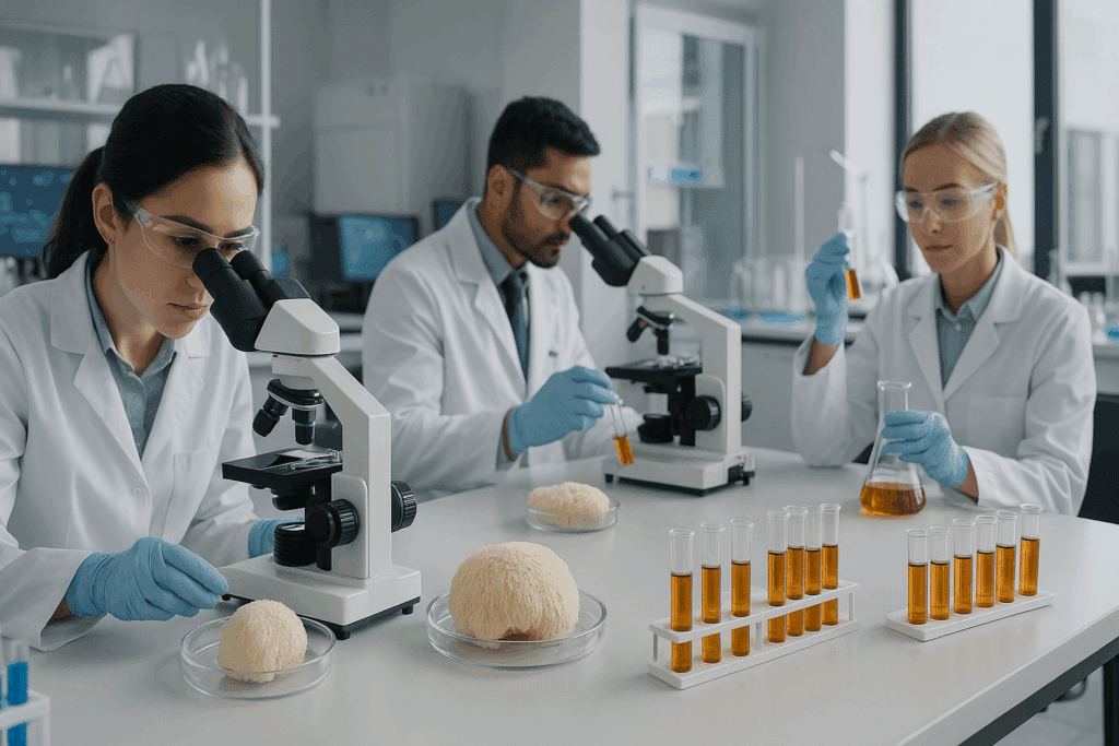 Scientists testing mushroom extracts in a modern lab setting, highlighting third-party testing and scientific validation in the Real Mushrooms Lion’s Mane review.