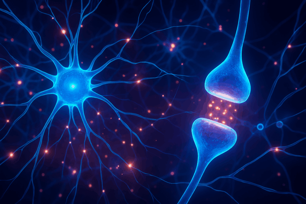 Neural pathways and serotonin receptors illuminated to show how psilocybin mushroom supplements affect brain function