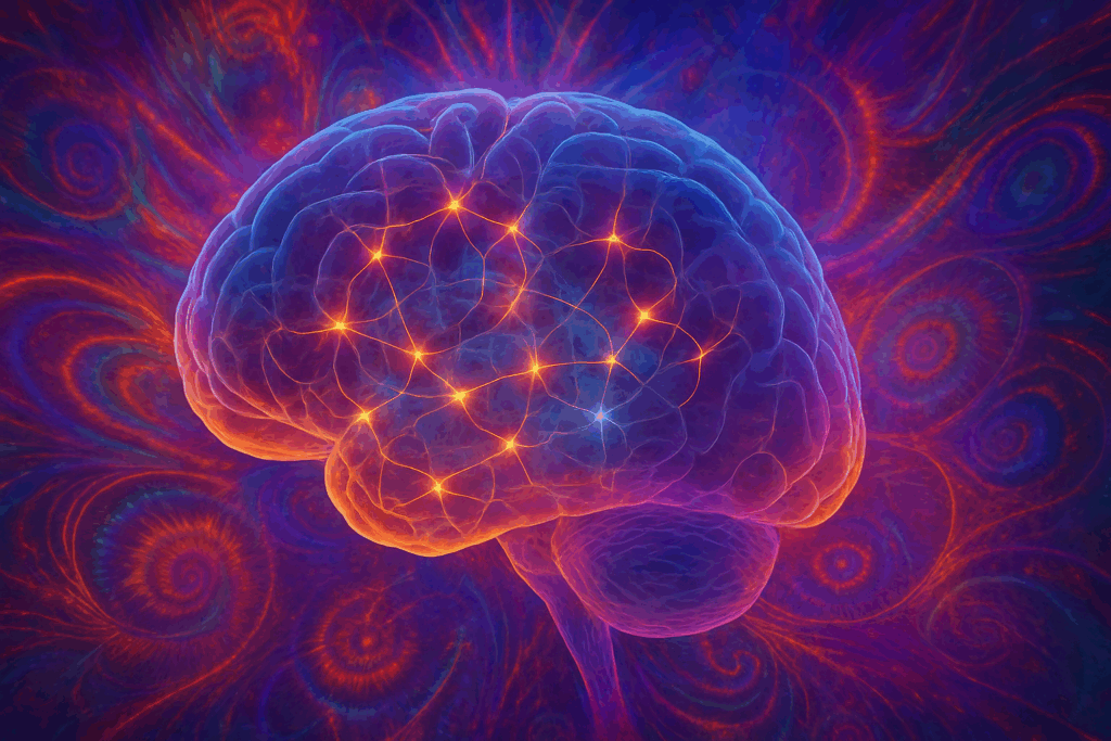 Visual representation of enhanced brain connectivity during a psilocybin and serotonin experience using glowing neural networks