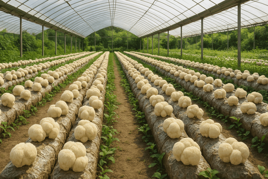 Sustainably farmed organic lion's mane mushrooms growing in rows on a clean, eco-friendly cultivation site