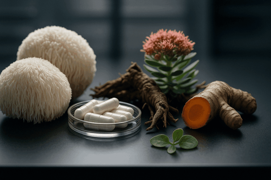 "Macro view of Lion’s Mane mushrooms, Rhodiola root, turmeric, Bacopa leaves, and capsules on a lab surface, illustrating ingredients discussed in Avantera Elevate reviews"