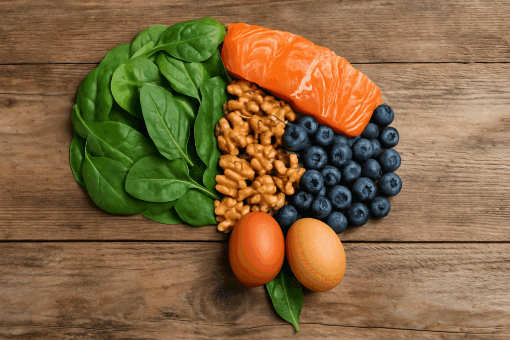 "Brain-shaped arrangement of salmon, walnuts, spinach, blueberries, and eggs on rustic wood, representing best supplements for menopause brain fog."