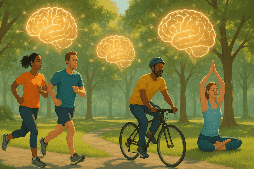 "Diverse adults jogging, cycling, and practicing yoga in a park with glowing brain graphics above them symbolizing enhanced cognitive brain function."