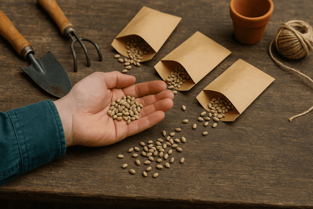 Gardener inspecting fresh Brahmi seeds on a wooden surface with planting tools, an essential step in how to grow your own Brahmi plant from seed.