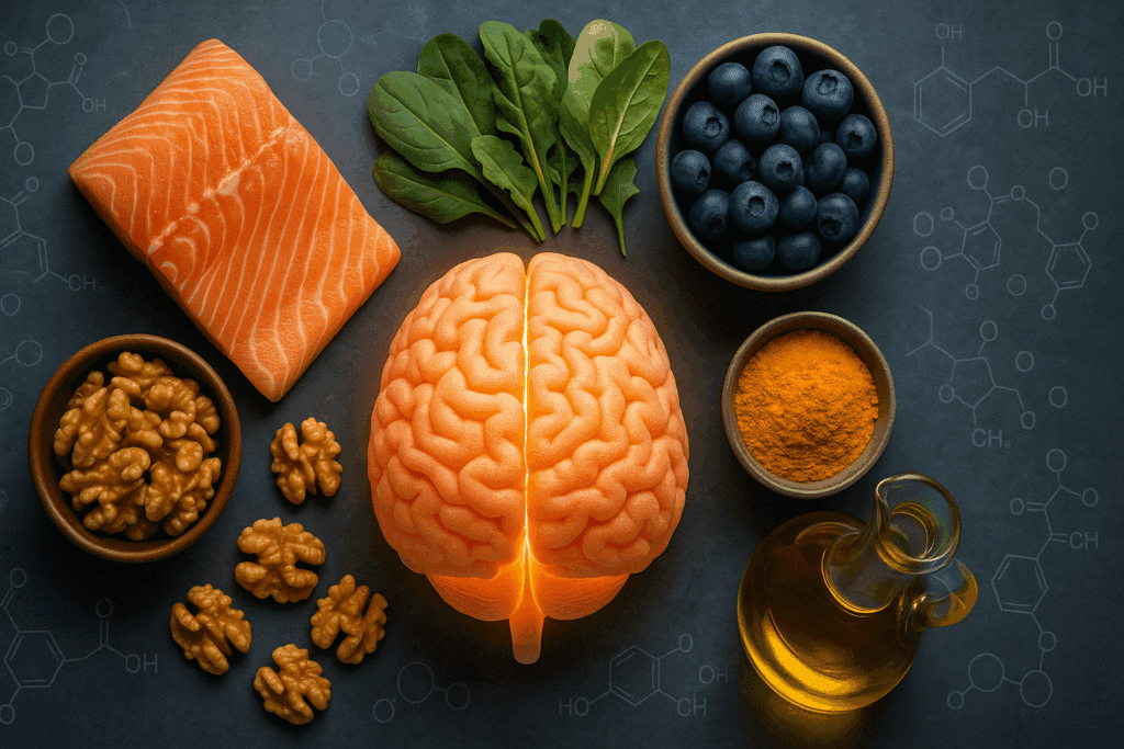 "Overhead view of brain-boosting foods like salmon, walnuts, blueberries, turmeric, leafy greens, and olive oil arranged around a glowing brain, illustrating how to protect your brain from damage through nutrition"