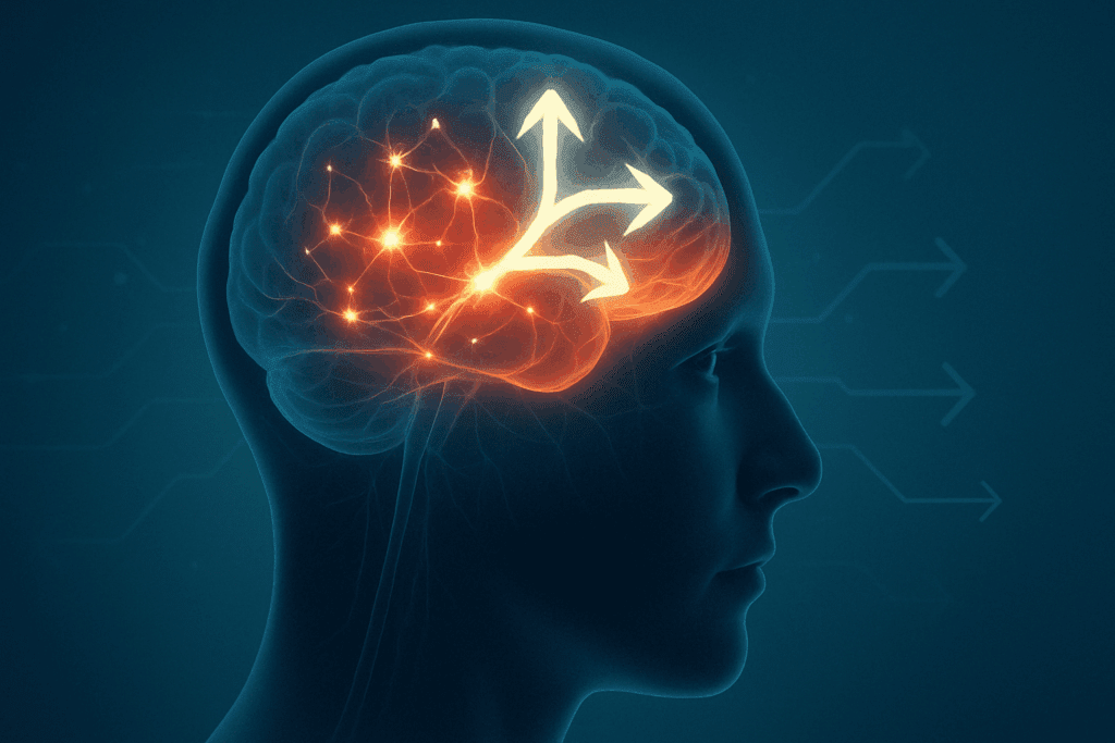 "Side-profile illustration of a human head with neurons firing in the brain’s prefrontal cortex, symbolizing cognitive function and the best multi vitamin for memory."