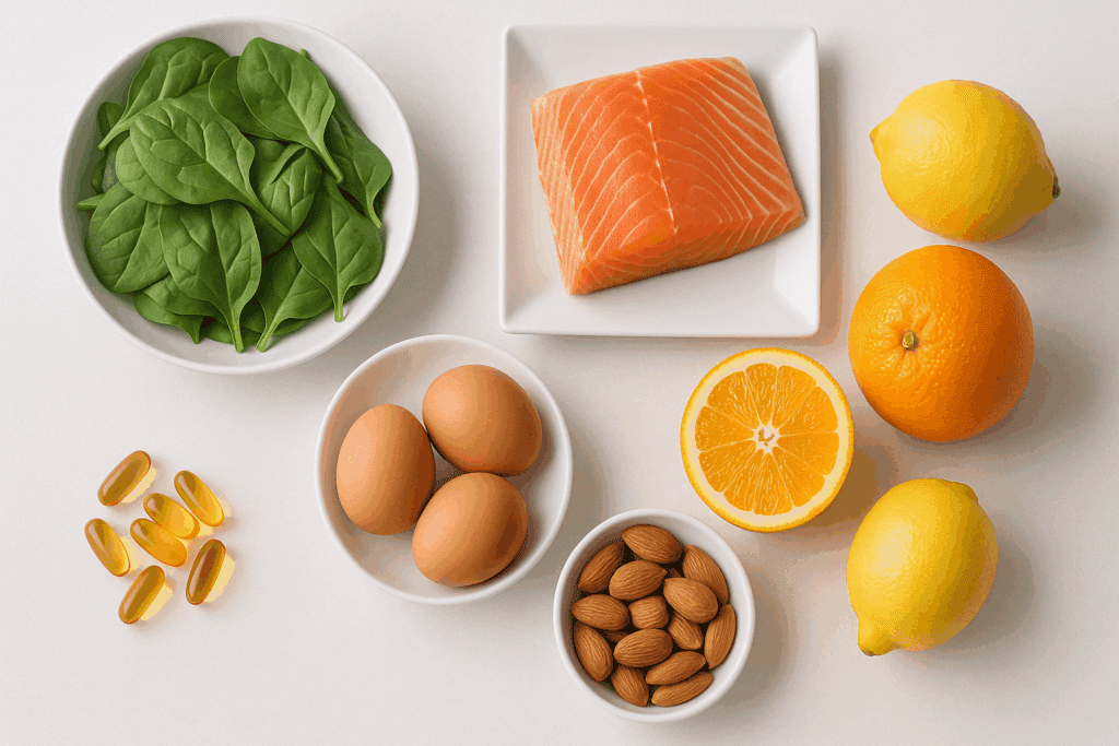 “Top view of natural sources for the best multi vitamin for memory, including spinach, salmon, eggs, almonds, citrus fruits, and supplement capsules on a white table.”