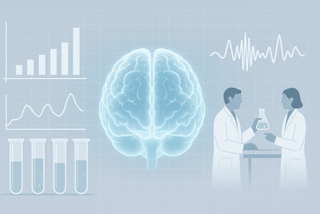 "Digital brain surrounded by clinical trial symbols, data graphs, and test tubes representing scientific research behind Brain Savior supplement"