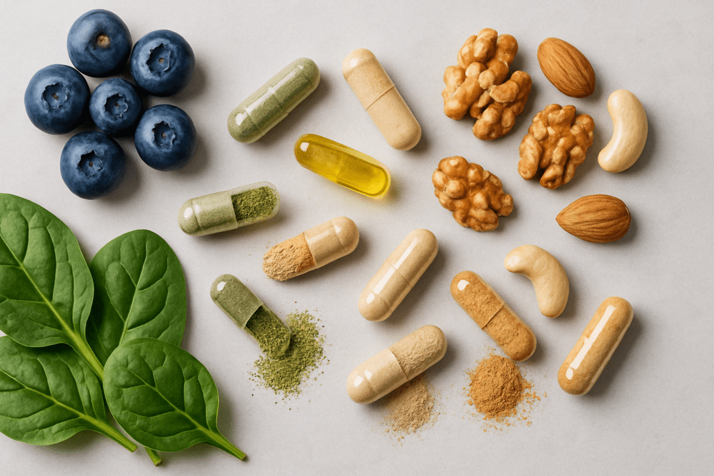 Open capsules with herbal powders and oils alongside blueberries, nuts, and spinach, illustrating the best brain supplements for adults.