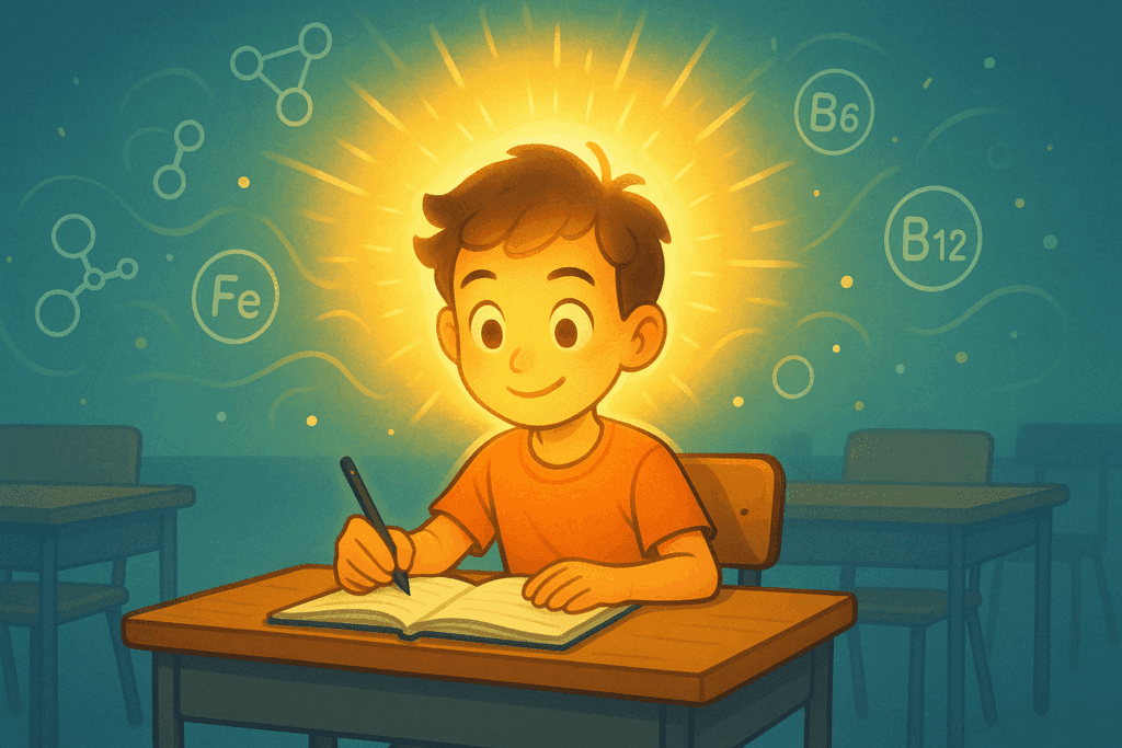"Child sitting at school desk with glowing aura around head, symbolizing enhanced concentration, surrounded by icons of the best vitamins for child brain development like B6, B12, and iron."