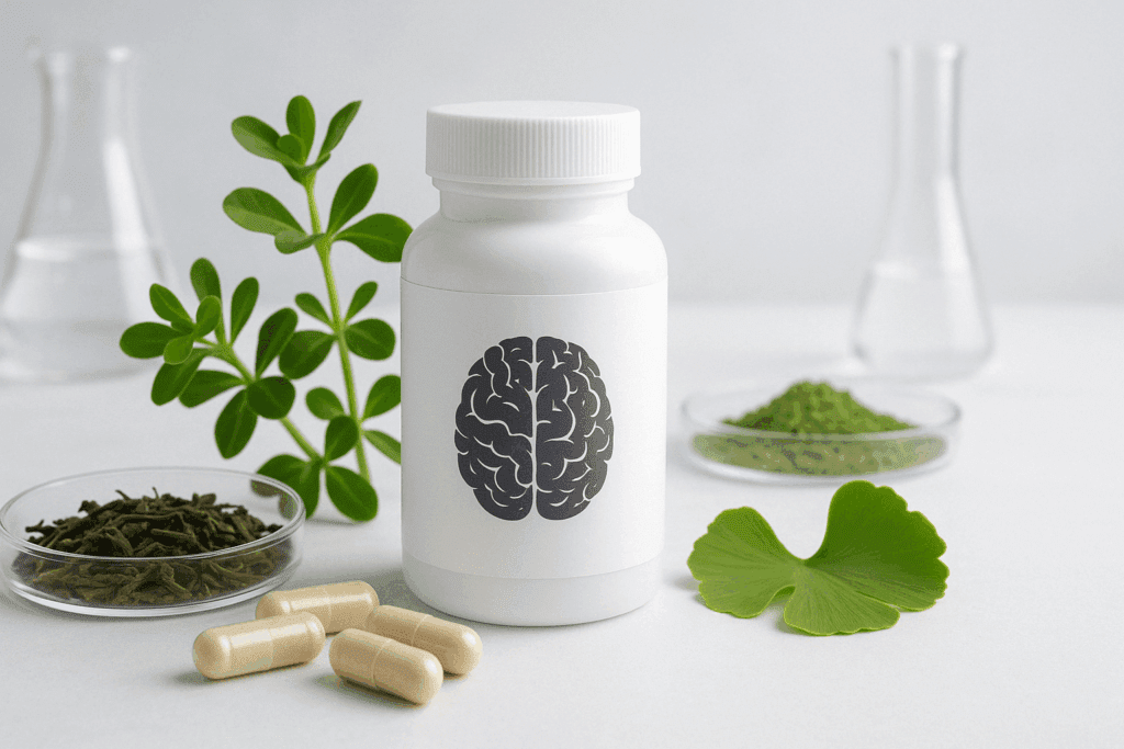 "Cerebra brain supplement bottle surrounded by bacopa leaves, ginkgo biloba, green tea, and capsules in a clean, lab-inspired setting"