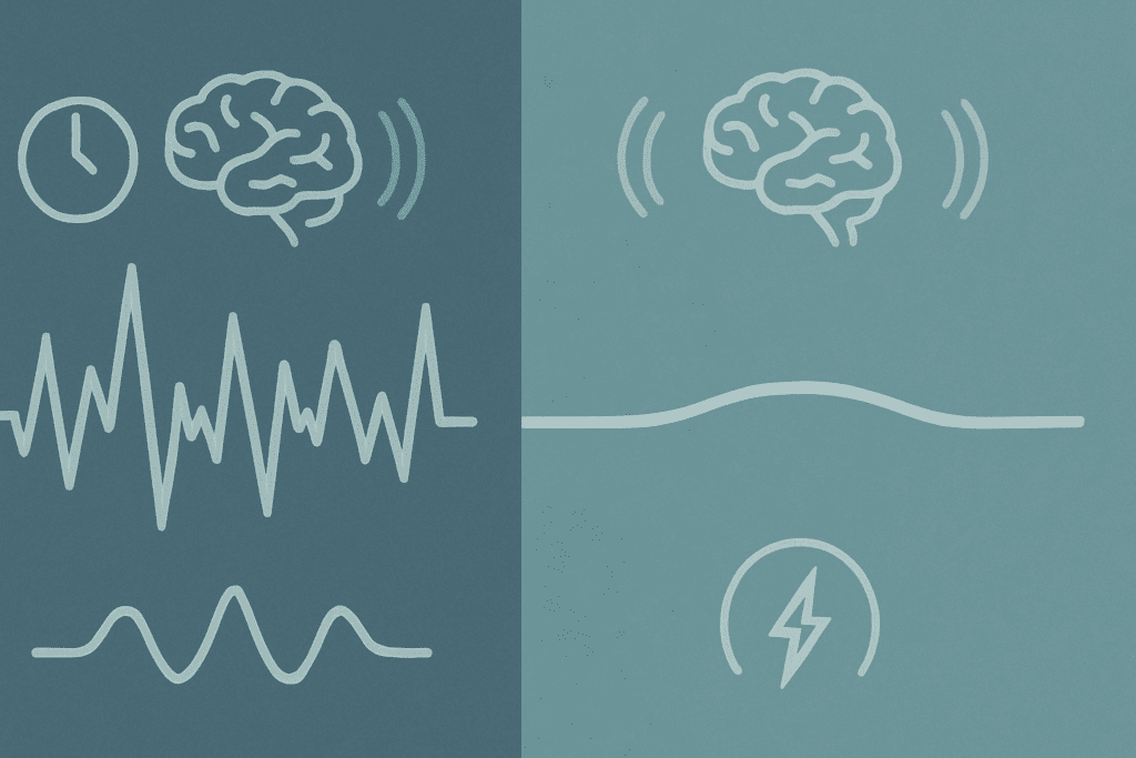 "Side-by-side visual comparison of brain activity patterns showing jagged focus lines for older Class A ADHD medications versus smooth, consistent waves for new extended-release treatments"