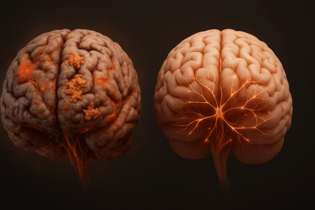 "3D rendering of an aging brain showing plaque buildup and neural decline compared to a healthy brain, illustrating how to improve cognitive function in the elderly"