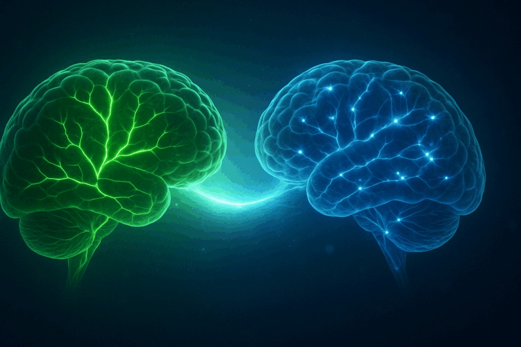 Neural synergy concept showing Ginkgo Bacopa enhancing brain blood flow and neurotransmitter activity