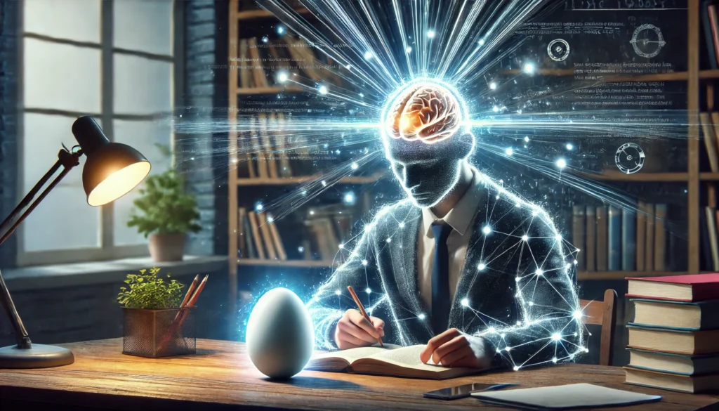 "A student studying with eggs on the desk, a glowing brain symbolizing enhanced learning and cognitive abilities, answering 'are eggs good for your brain' by promoting brain function."