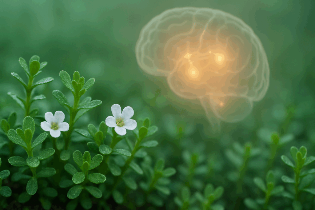 Close-up of Bacopa monnieri plant with vibrant green leaves, often studied as the best herb for ADHD due to its memory-enhancing properties.