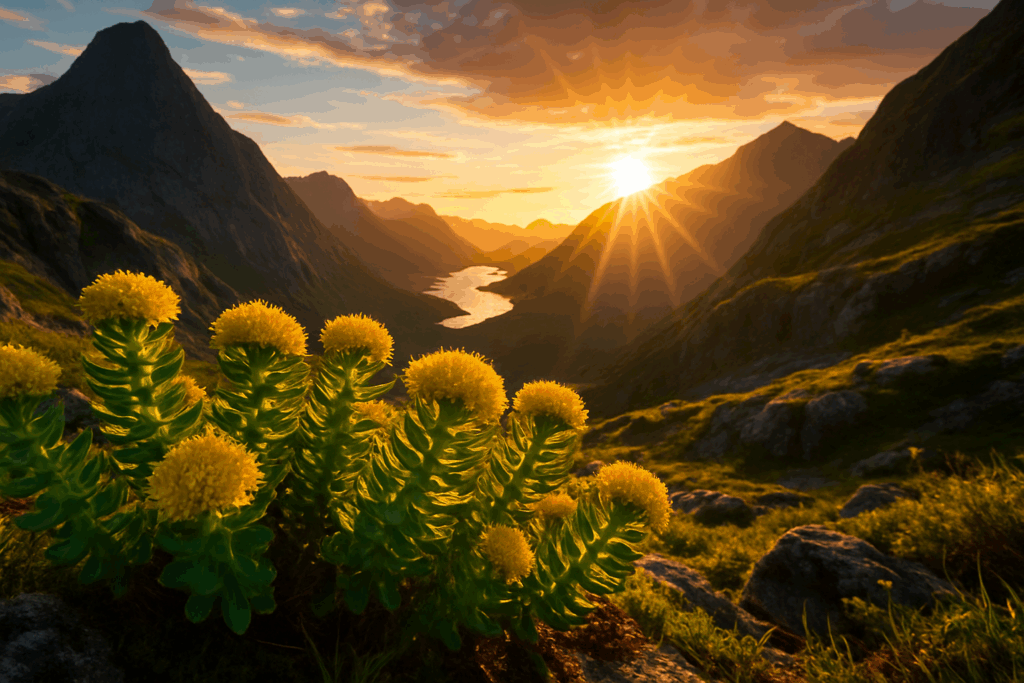 Rhodiola rosea blooming on a rocky mountain ledge, symbolizing mental endurance and a contender for the best herb for ADHD