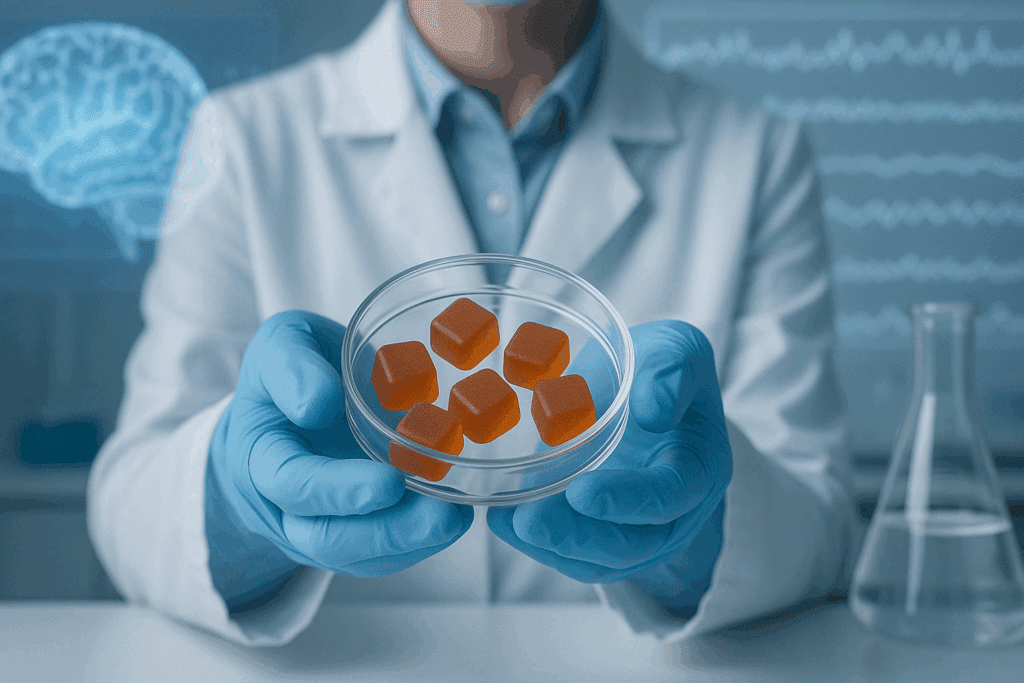 Scientist in lab coat holding a petri dish of supplements during research on the best gummies for brain health, with neural imaging in background