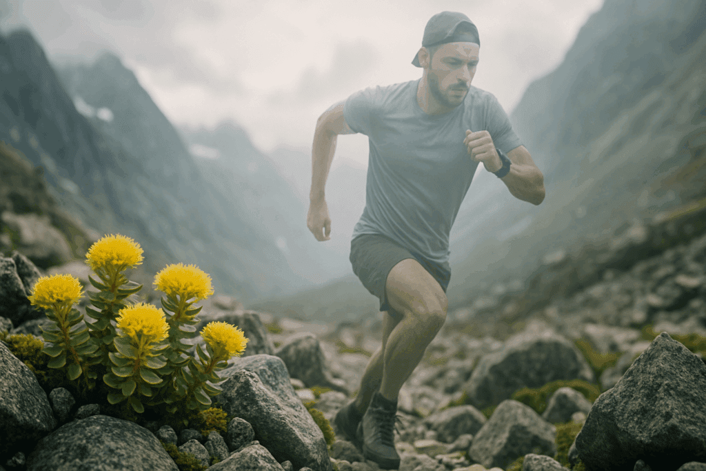 Rhodiola rosea blooming in a rocky alpine landscape, used in discussions about the best herb for ADHD to improve focus and resilience.