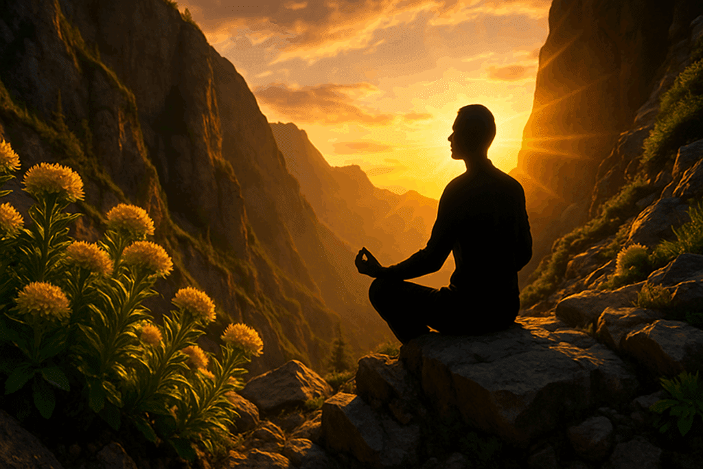 Rhodiola rosea growing in rocky mountain terrain, highlighted for its stress-reducing effects and potential as the best herb for ADHD focus.