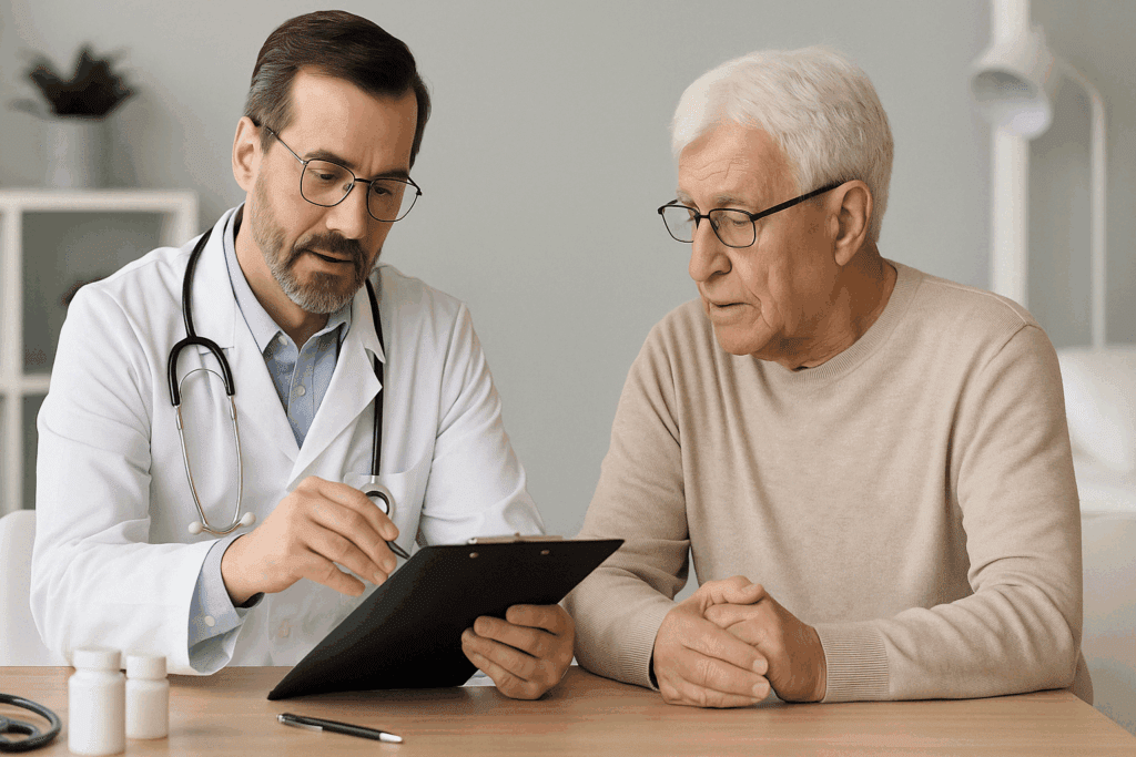 Doctor reviewing medical chart with elderly patient in a clinic, discussing if Donepezil really helps with dementia.