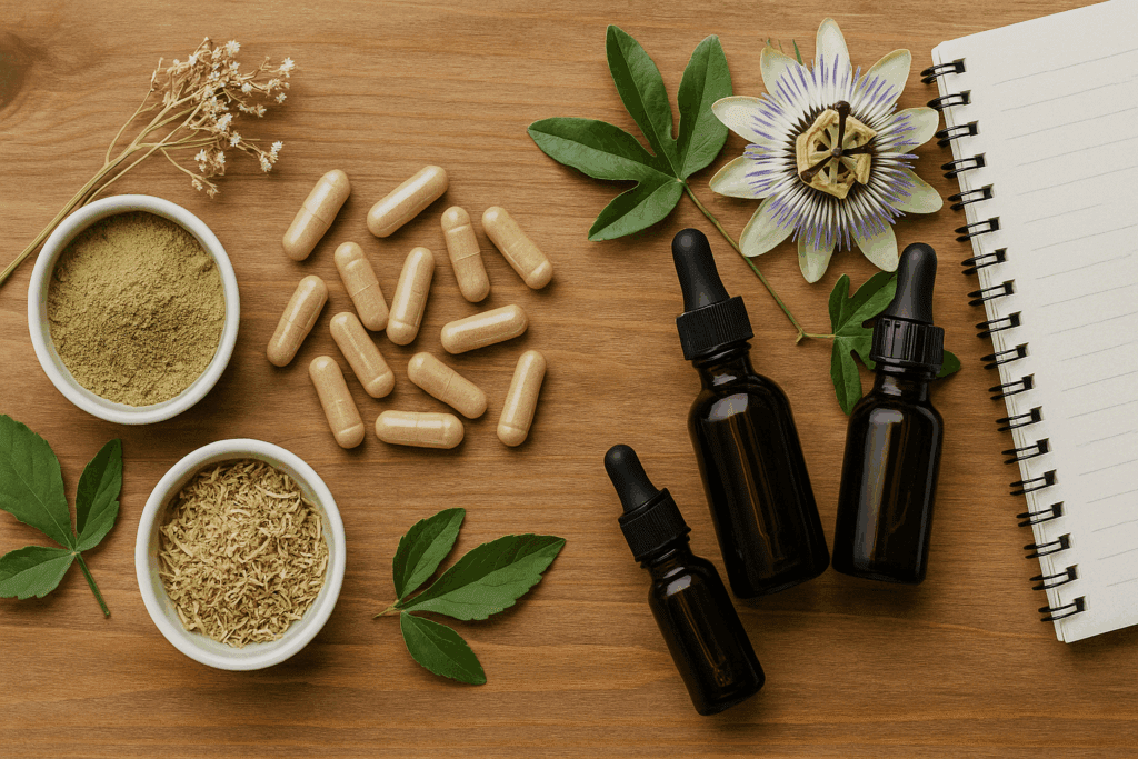 "Flat-lay of natural capsules, powders, and tinctures with valerian root and passionflower on wood surface representing the best GABA supplement for ADHD."