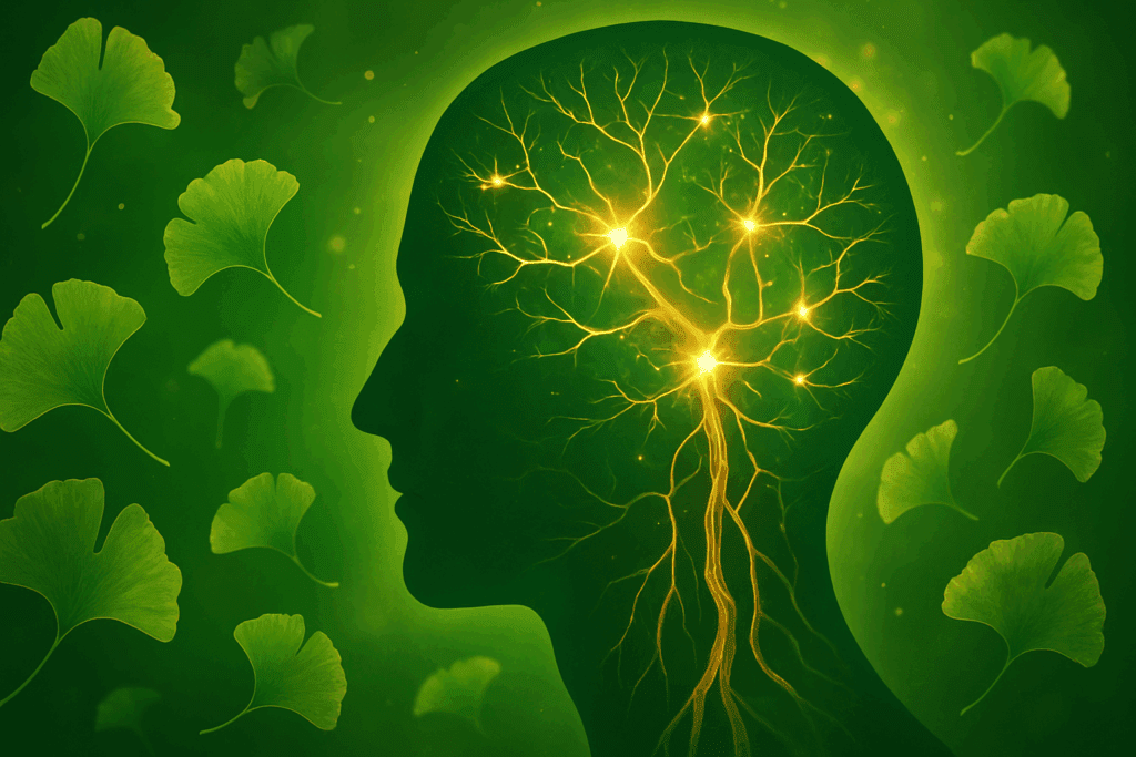 Ginkgo biloba leaves swirling around a human brain silhouette, representing improved cognition and the best herb for ADHD support.