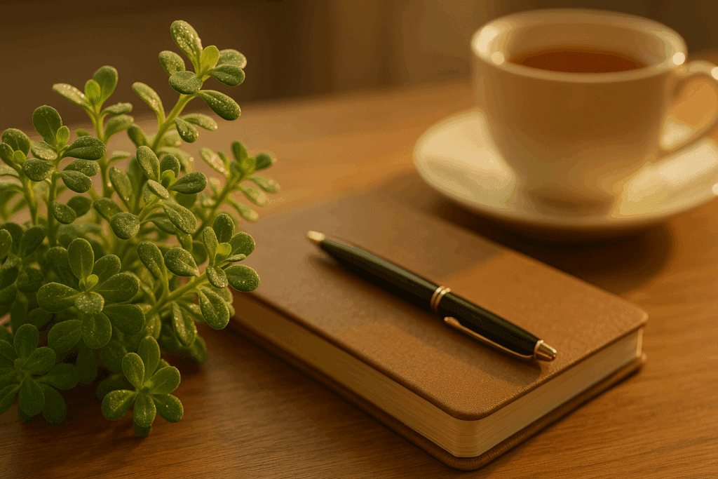 Fresh Bacopa monnieri near a notebook and tea, symbolizing memory support and the best herb for ADHD and focus