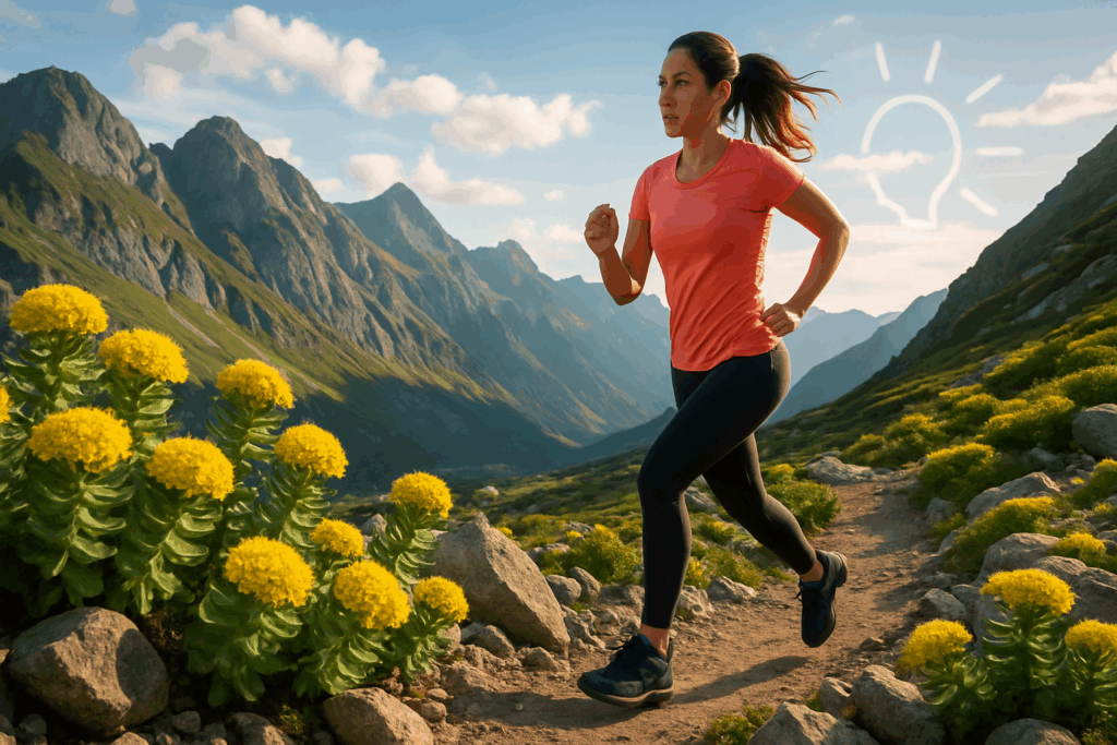 Rhodiola rosea growing on a rocky mountain slope, symbolizing resilience and energy support as the best herb for ADHD in women.