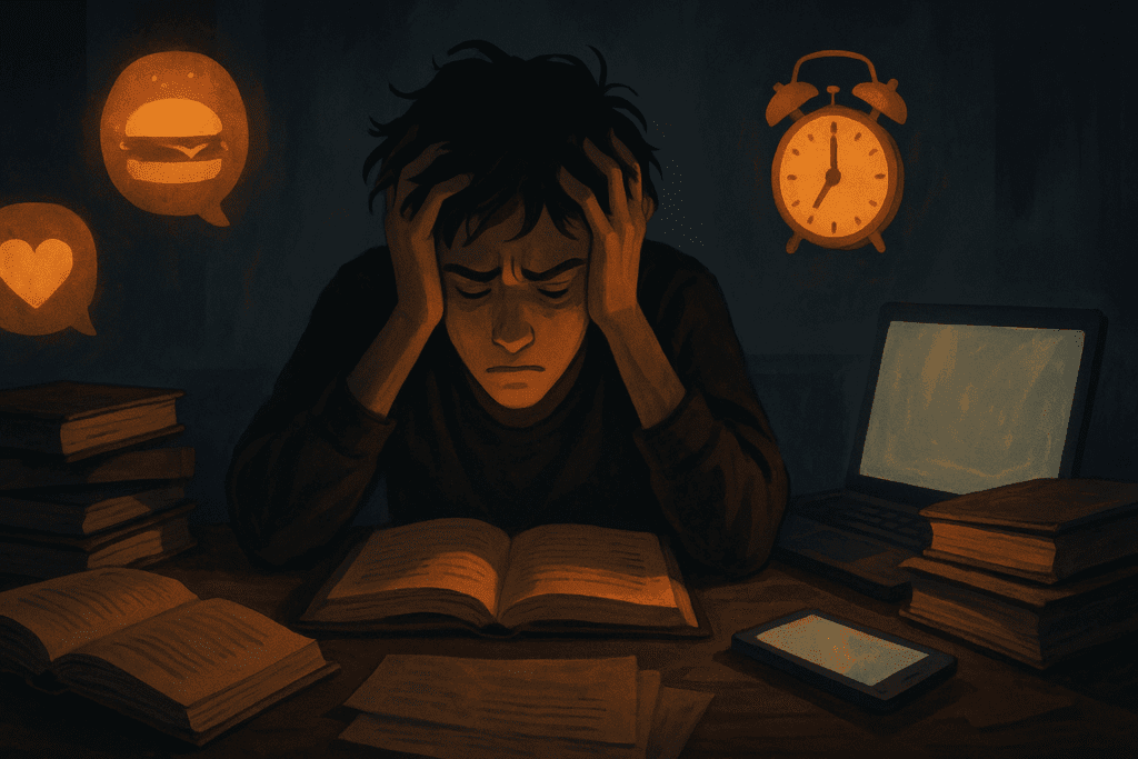 Frustrated student at a cluttered desk with distractions and glowing screens, depicting real-life challenges in how long does it take to memorize something.