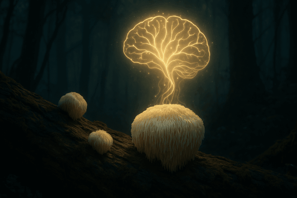 Lion’s Mane mushrooms glowing on a forest log, visually representing neurogenesis benefits of herbs for ADHD in women