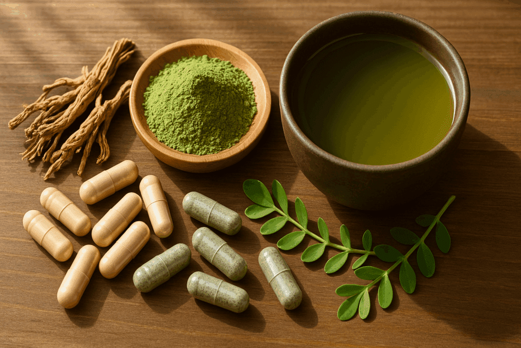 Nootropic capsules, green tea, Rhodiola roots, and Bacopa leaves on a wooden surface in sunlight for a natural mind boost day setup
